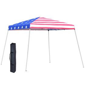 Outsunny Slant Leg Pop Up Canopy Tent with American Flag Roof and Carry Bag, Beach Canopy Instant Sun Shelter, Height Adjustable