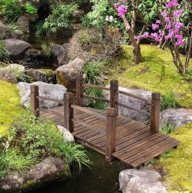 5 ft Wooden Garden Bridge Arc Stained Finish Footbridge with Railings for your Backyard, Stained Wood