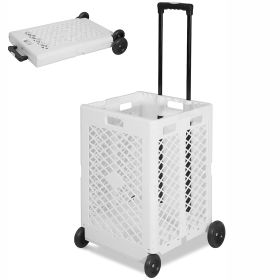 70L Foldable Rolling Cart Crate with Wheels Collapsible Basket with Telescopic Handle, Black/White (Color: White)